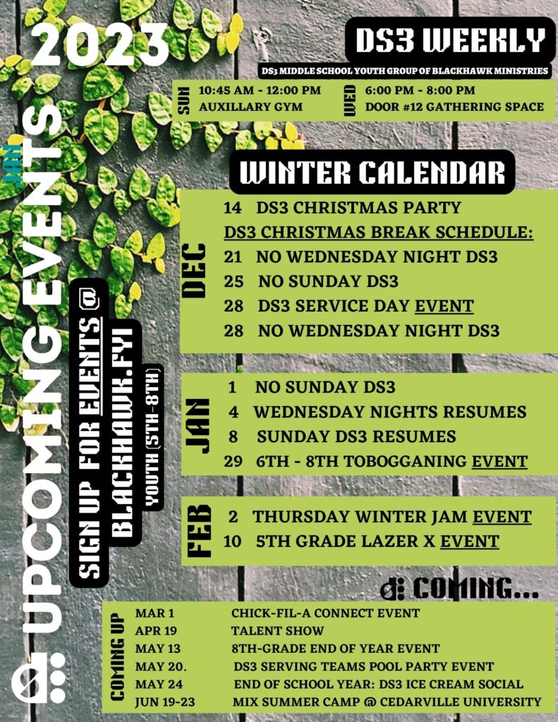 DS3 Middle School Youth Group Calendar