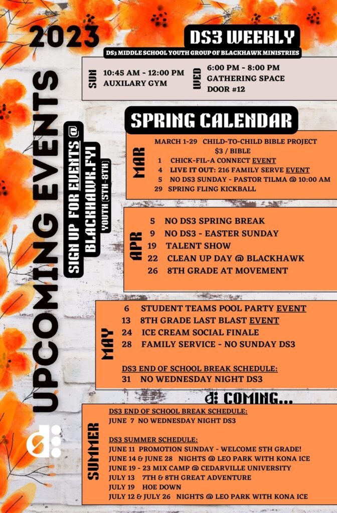 DS3 Middle School Youth Group Spring Calendar