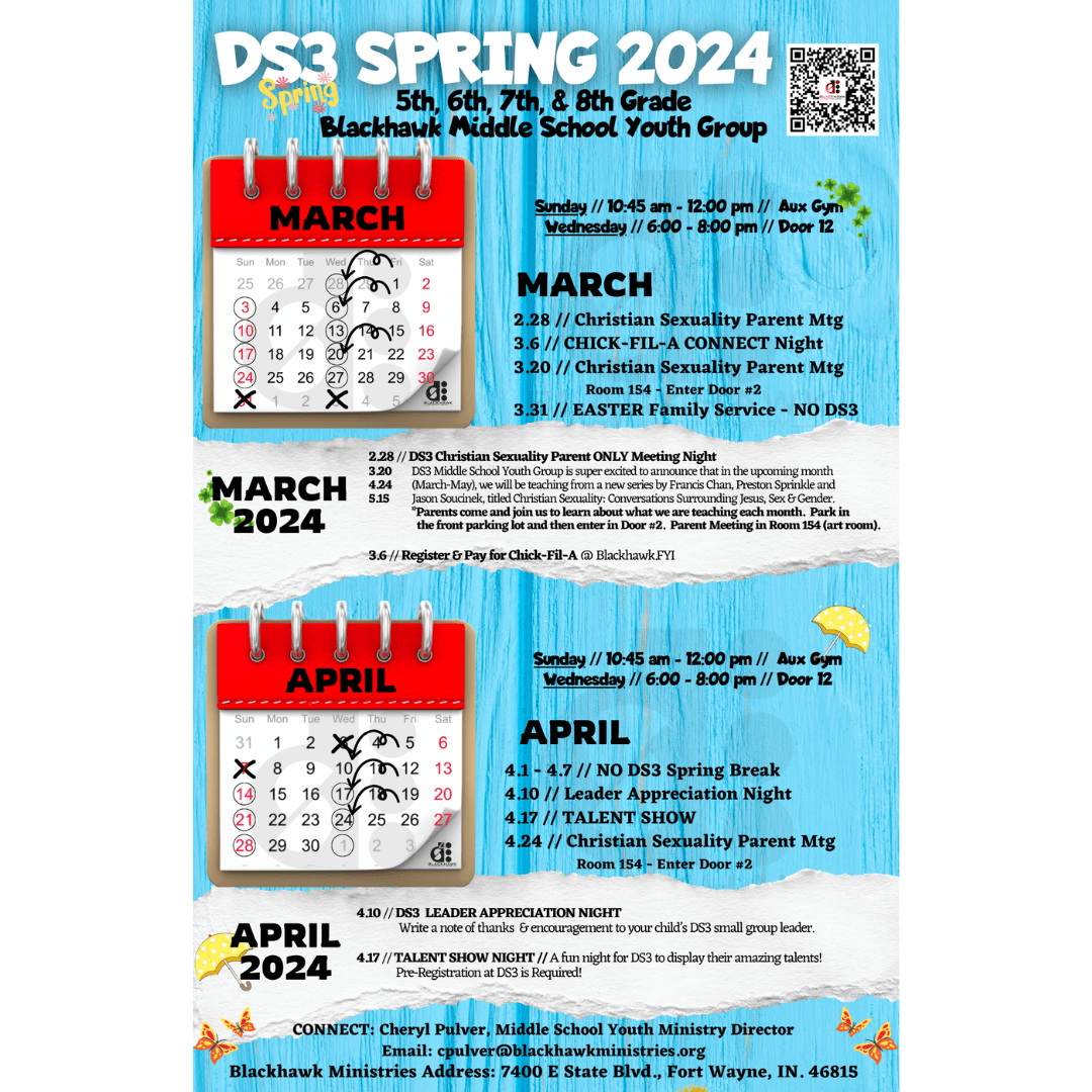 DS3 🍀 Middle School Youth Group Ministry Spring Calendar